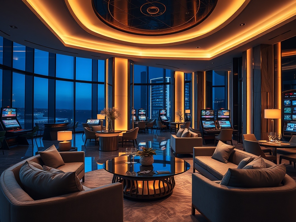 "Modern casino hotel lounge at night, warm ambient lighting, elegant sofas, marble floors, subtle gaming ambience, champagne glasses, serene wellness glow, resort luxury"