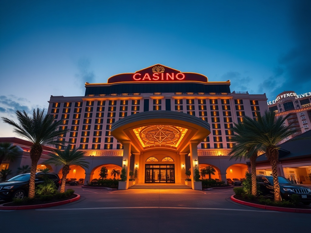 A luxury casino hotel at dusk, warm glowing windows, elegant entrance canopy, valet-lit driveway, palm-lined resort terrace, rooftop leisure lights, cinematic wide-angle.