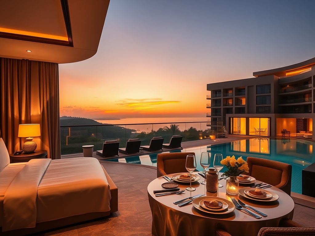 "luxury hotel suite at dusk" "golden ambient lighting" "gourmet dining table with fine plating" "inviting lounge and poolside" "stylish concierge vibe"