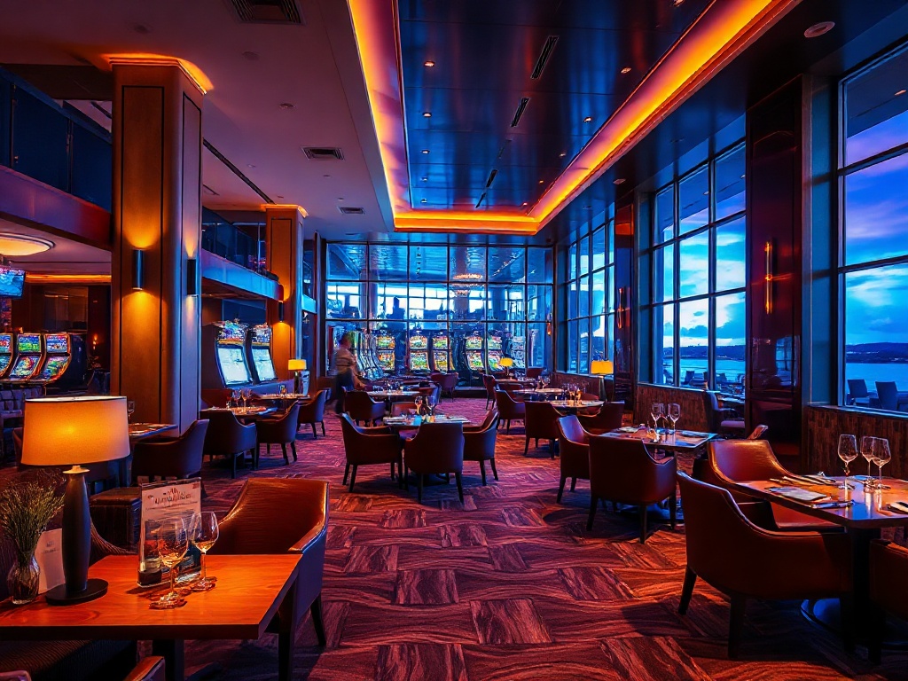 Modern casino hotel lounge with warm lighting, stylish seating, gourmet dining table, subtle wellness spa glow, distant entertainment ambience, inviting resort luxury, no people, ultra-detailed.