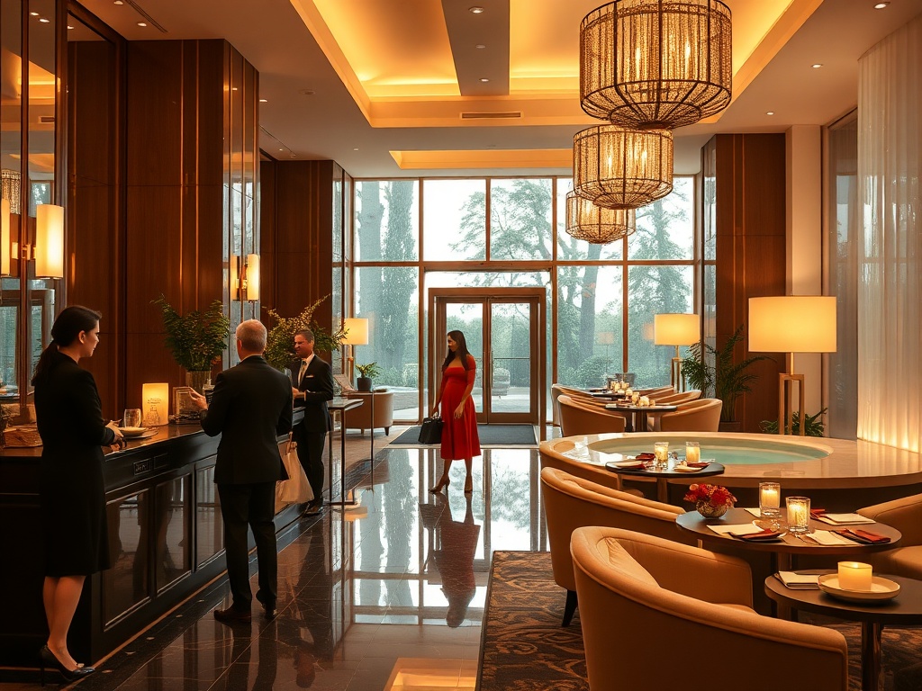 A warm hotel concierge greeting elegant guests in a luxurious lobby, with soft candlelit dining ambiance and serene spa glow blending.