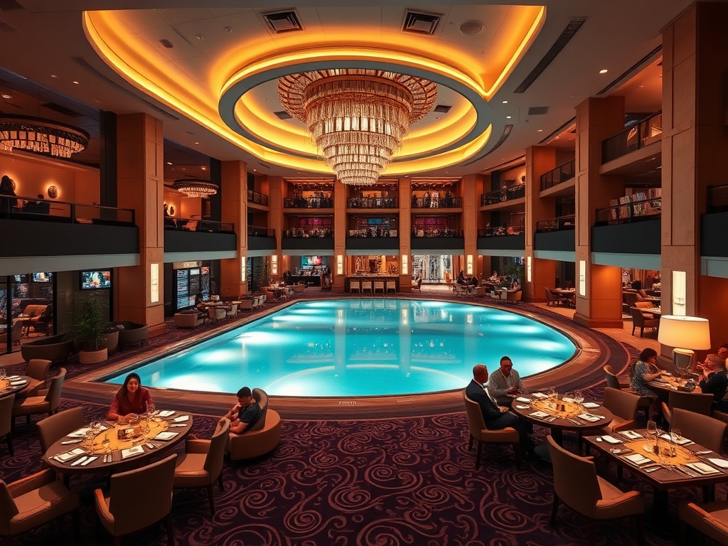 Modern luxury casino hotel resort interior, warm ambient lighting, elegant lounge seating, gourmet dining tables, spa pool glow, vibrant nightlife atmosphere, guests smiling"