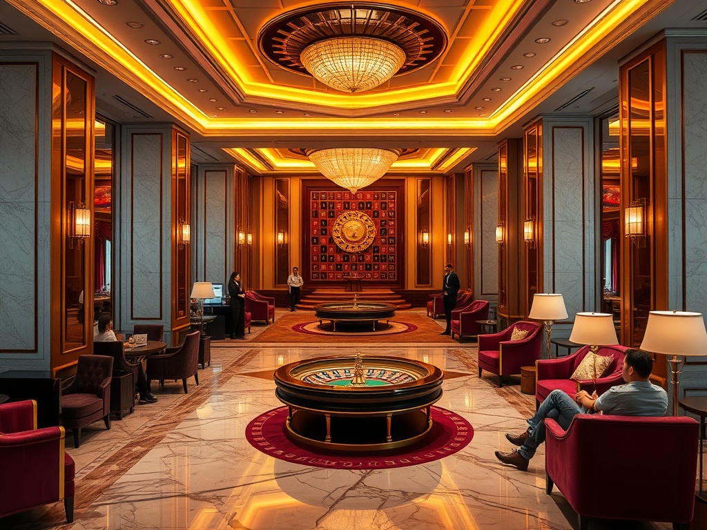 Elegant premium casino hotel lobby with warm golden lighting, marble floors, velvet seating, a subtle roulette table in background, stylish guests relaxing, inviting luxury atmosphere.