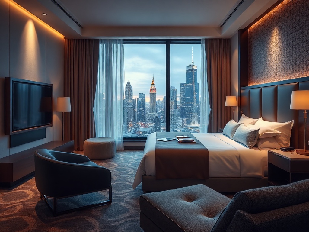A luxurious casino hotel guest room, “king bed with soft linens”, “warm ambient lighting”, “large window city night glow”, “sleek modern amenities”, “inviting lounge chair”, “premium calm atmosphere”.