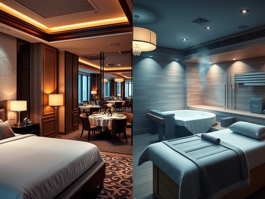 Split-scene modern casino hotel interior; elegant suite lounge with plush bed; gourmet restaurant table; serene wellness spa with sauna steam and massage bed; warm lighting."