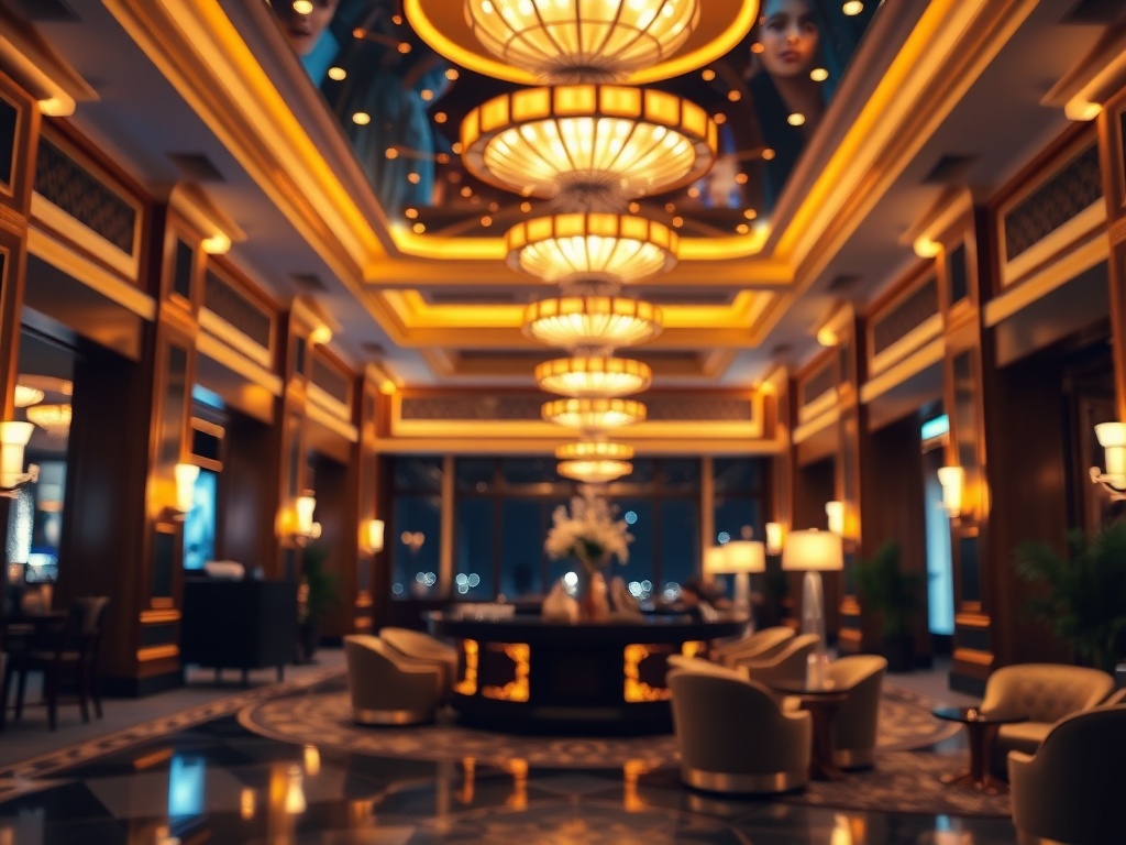 “elegant casino hotel lobby at night” “golden lighting” “glossy envelope icon-like shapes” “welcoming concierge gestures” “luxury suites view” “soft bokeh”