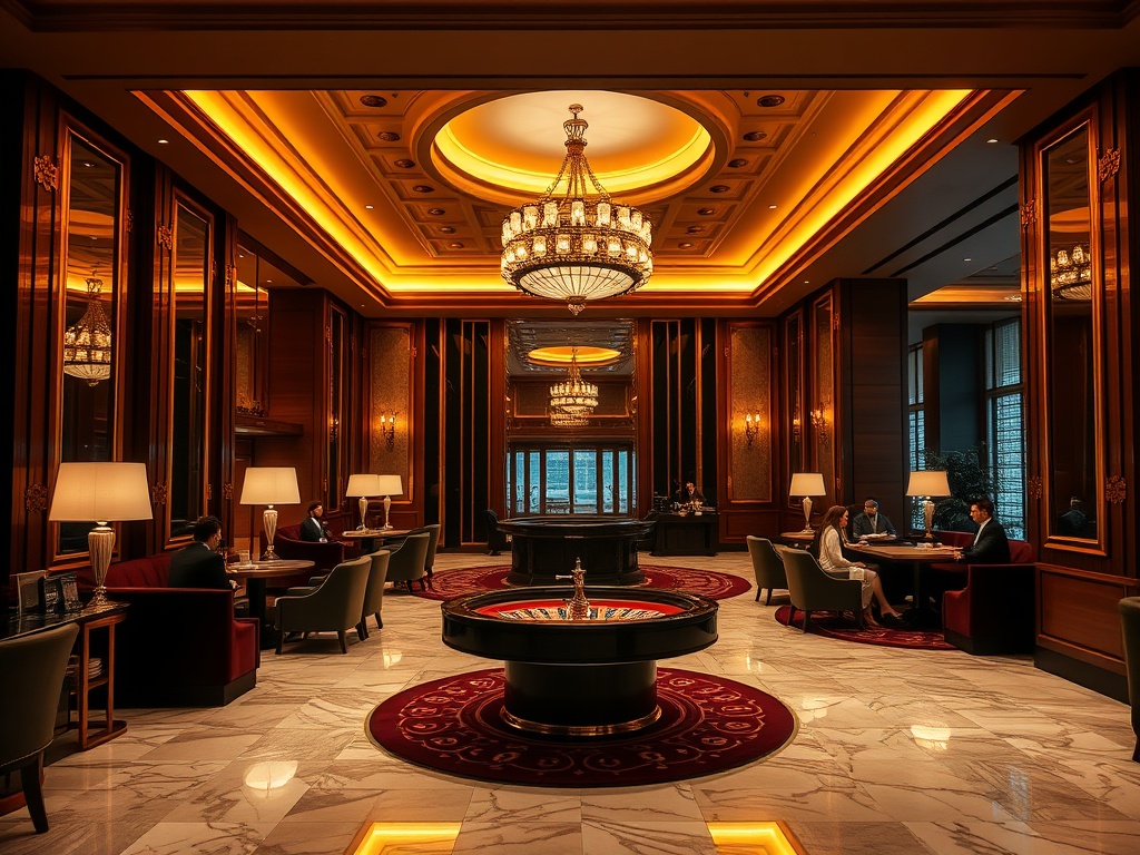 Elegant premium casino hotel lobby with warm golden lighting, marble floors, velvet seating, a subtle roulette table in background, stylish guests relaxing, inviting luxury atmosphere.