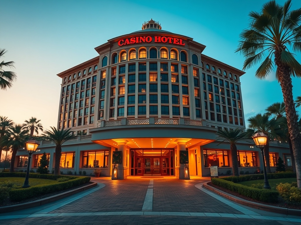 A stylish luxury casino hotel resort at dusk, "elegant facade", "glowing windows", "valet-lit driveway", "welcoming lobby entrance", "subtle casino ambience", "warm hospitality lighting".