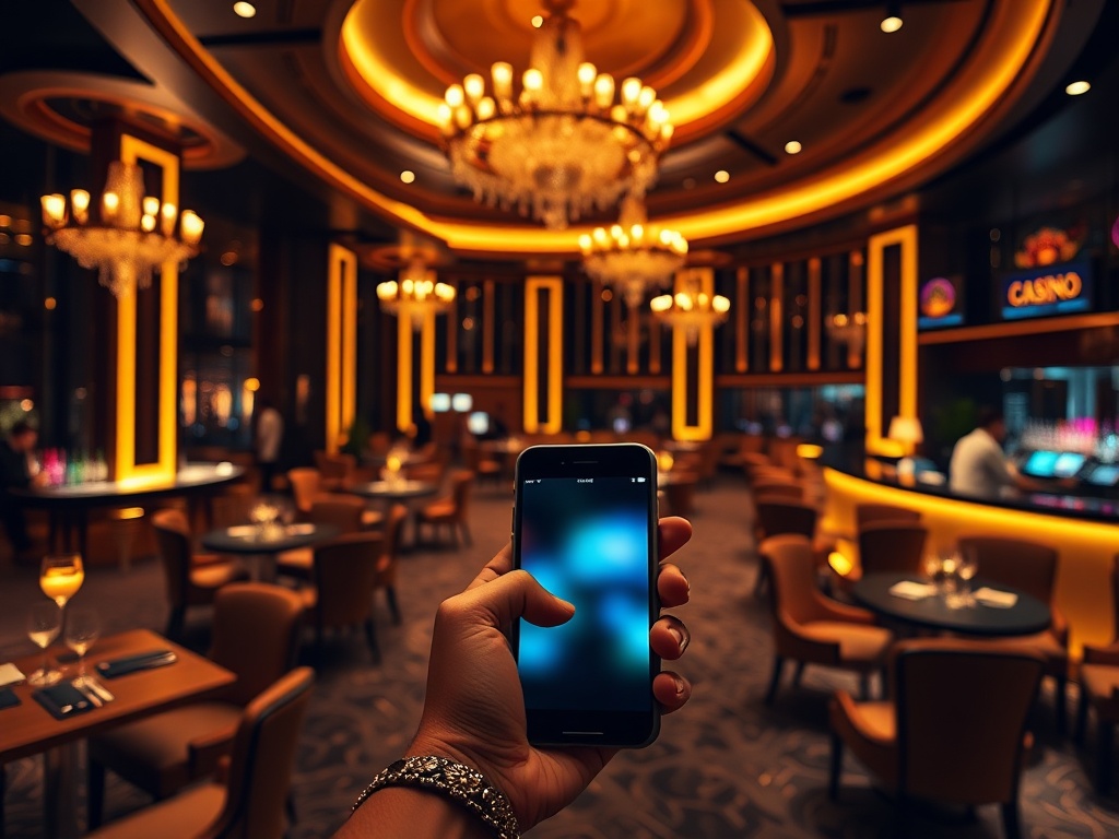 A luxurious casino hotel lounge at night, warm golden lighting, elegant seating, bartender glow; a hand holding a smartphone with blurred screens.