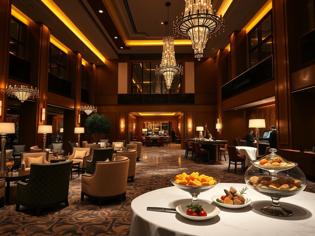"Elegant hotel lobby at night" "golden warm lighting" "stylish lounge seating" "smiling concierge offering hospitality" "gourmet dishes on table" "subtle casino ambiance" "no logos"