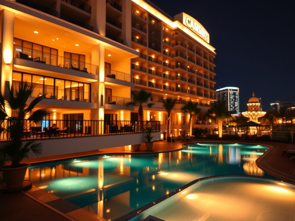 "Modern casino hotel night scene" "warm lighting" "stylish balcony" "glowing pool" "subtle bokeh lights" "inviting resort atmosphere" "for social follow"