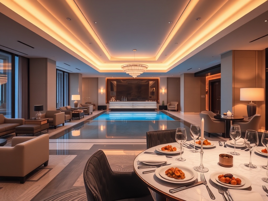 Modern casino hotel interior lobby, elegant sofas, warm lighting, gourmet dining table with plated dishes, serene spa pool in background, inviting atmosphere"