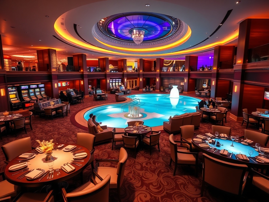 Modern luxury casino hotel resort interior, warm ambient lighting, elegant lounge seating, gourmet dining tables, spa pool glow, vibrant nightlife atmosphere, guests smiling"