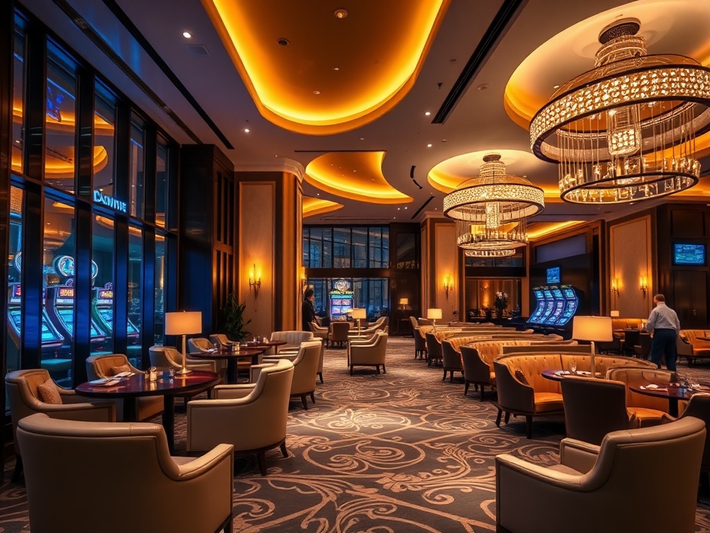 Upscale modern casino hotel lounge, warm ambient lighting, elegant seating, concierge-like hospitality, gourmet dining cues, serene wellness glow, cinematic wide shot.