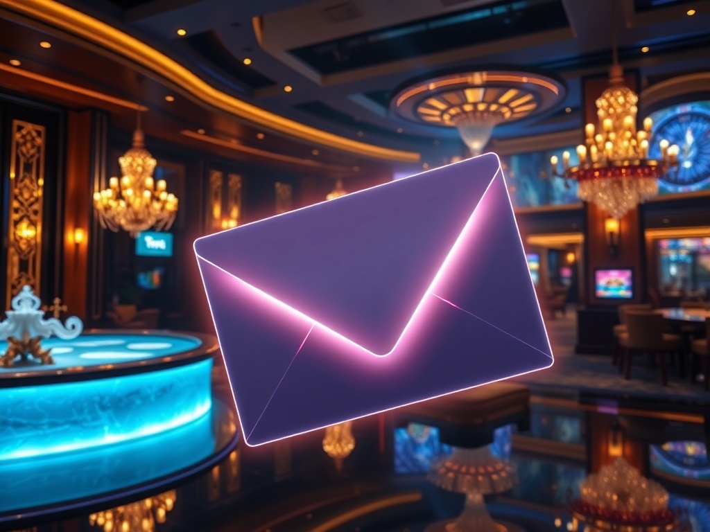 Luxurious casino hotel night scene, elegant lounge with gold lights, subtle spa glow, and a glowing envelope silhouette merging into entertainment energy.