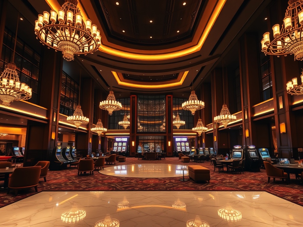 Luxurious casino hotel lobby at dusk, warm ambient lighting, elegant modern interiors, soft velvet seating, glowing chandeliers, subtle gaming ambiance, welcoming atmosphere