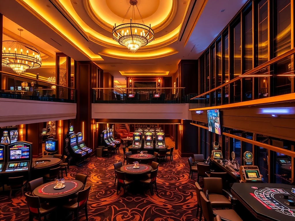 "contemporary casino hotel lobby" "elegant twin guest balcony view" "warm golden lighting" "glowing gaming tables" "sleek bar ambience" "luxury atmosphere" "stylish nightlife vibe"