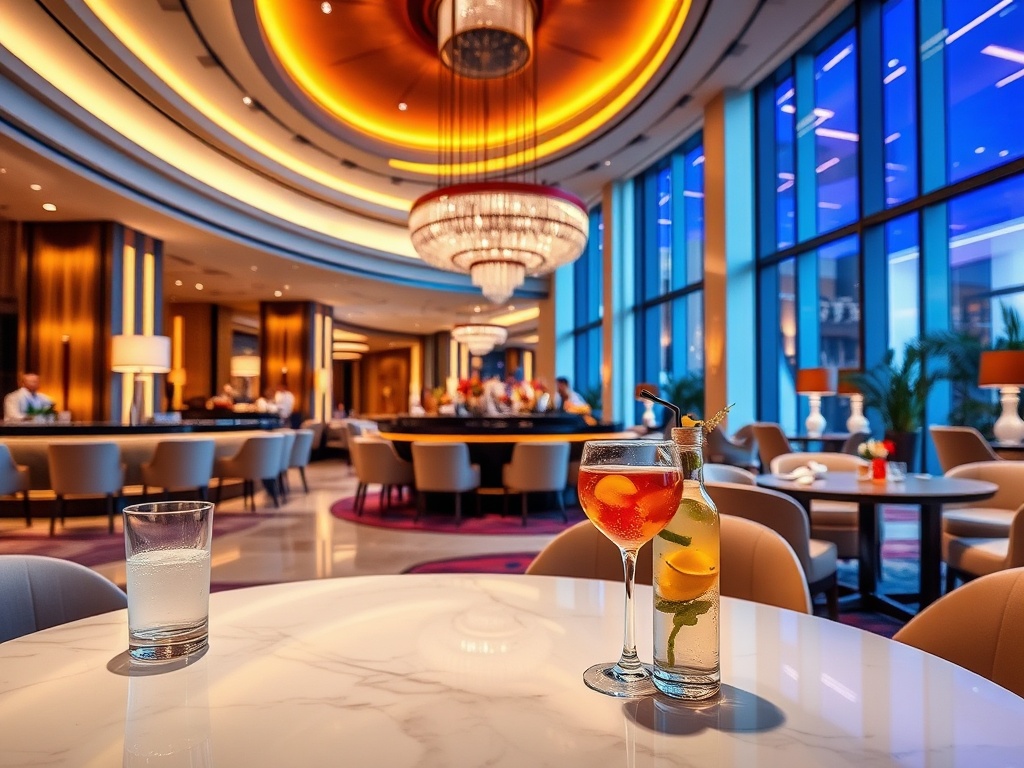 "luxury casino hotel lobby" with "warm concierge welcome" "premium dining table" "fresh wellness mineral water" "colorful health cocktail" "soft modern lighting"