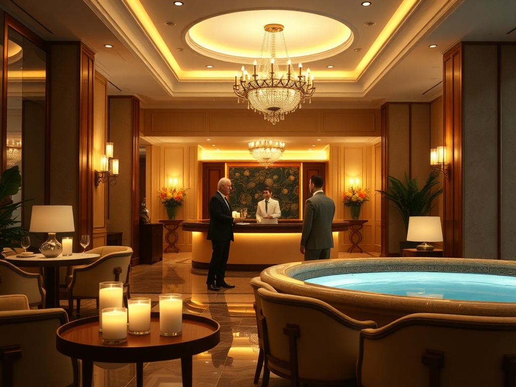 A warm hotel concierge greeting elegant guests in a luxurious lobby, with soft candlelit dining ambiance and serene spa glow blending.