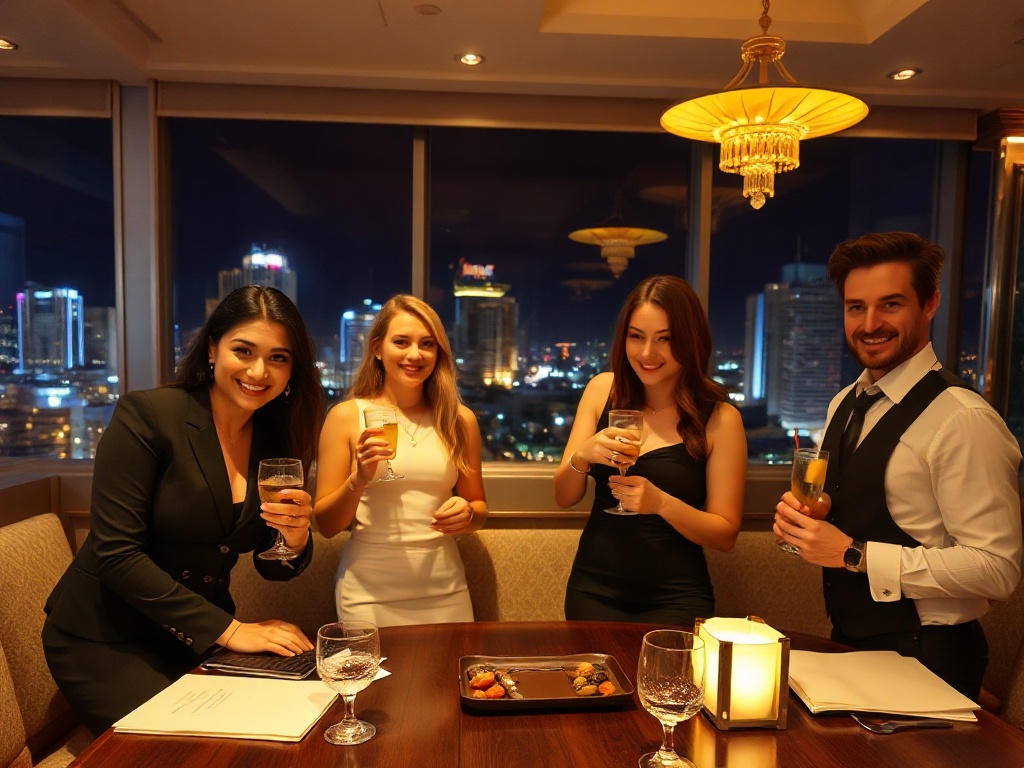 A warm, elegant casino hotel lounge at night; four well-dressed guests smiling; attentive staff presenting refreshments; soft lights, skyline views, lively ambiance.
