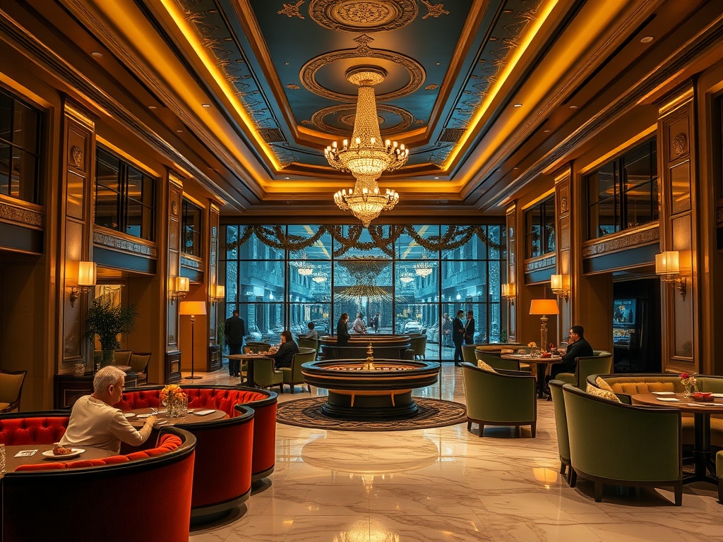 Elegant premium casino hotel lobby with warm golden lighting, marble floors, velvet seating, a subtle roulette table in background, stylish guests relaxing, inviting luxury atmosphere.