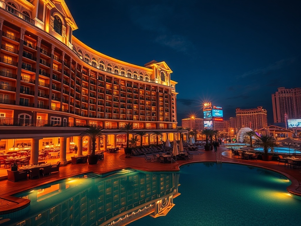 Luxurious casino hotel resort at night, warm ambient lighting, elegant suites windows, gourmet dining glow, serene spa pool reflection, distant lively entertainment lights, cinematic wide shot.