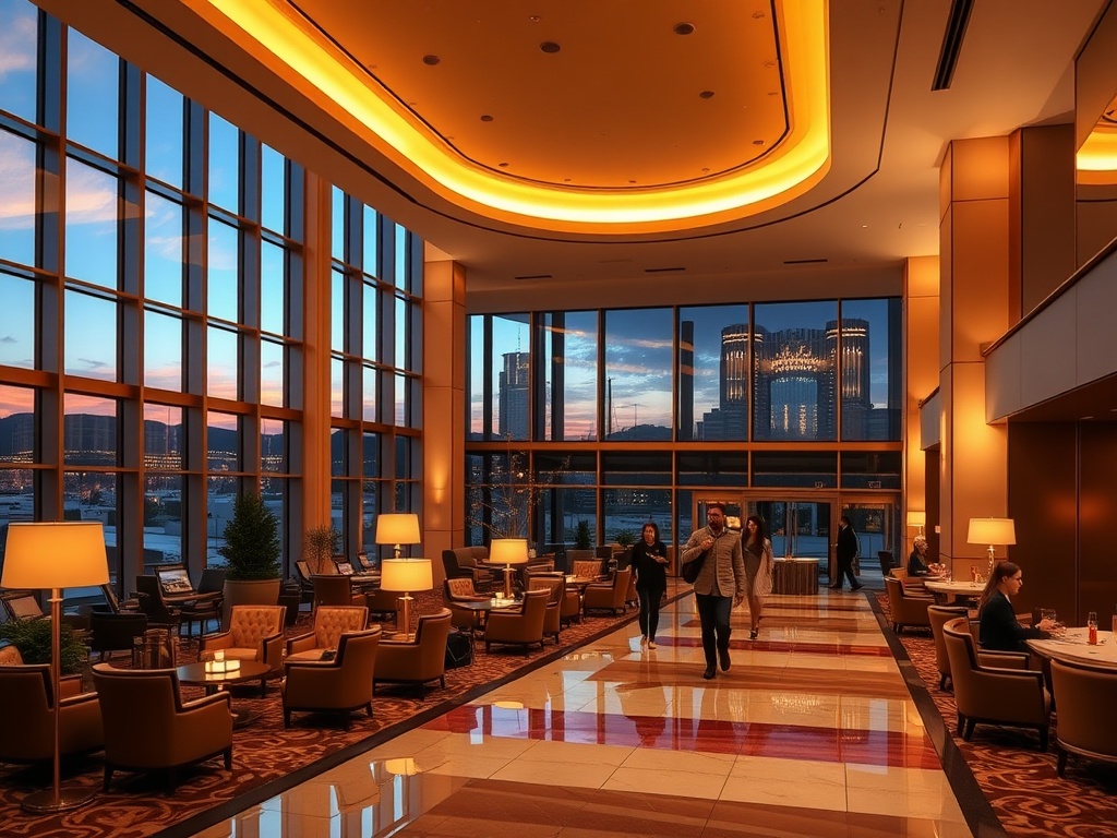 "Modern luxury casino hotel lobby at dusk, warm ambient lighting, elegant seating, subtle gold accents, panoramic windows, guests strolling, soothing spa-like atmosphere"