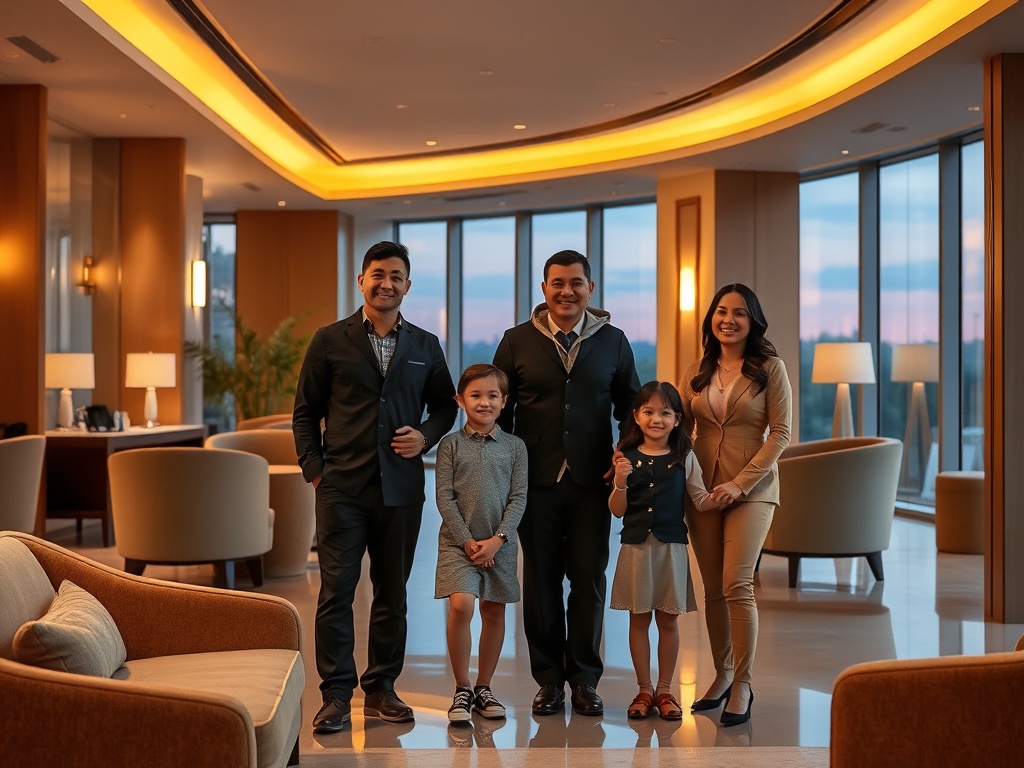 A warm modern hotel lobby at dusk, smiling staff welcoming a family, plush seating, soft golden lights, serene smiles. "