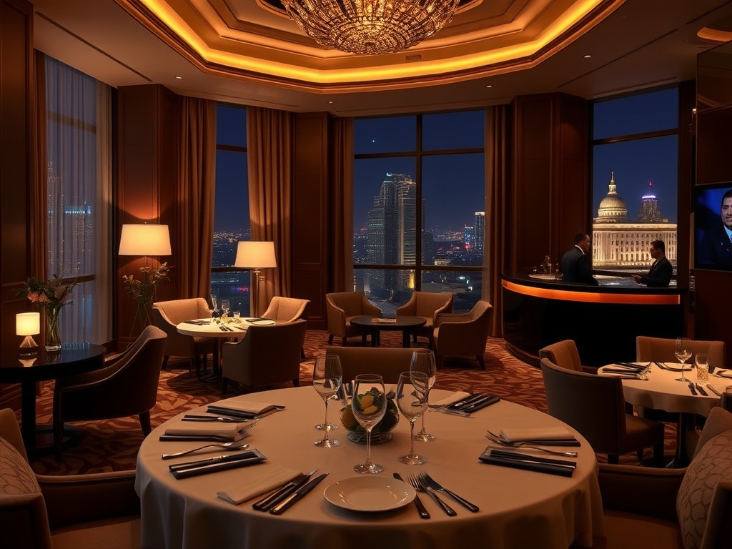 Luxurious casino hotel suite with warm lighting, elegant lounge and gourmet dining table, attentive concierge silhouette, subtle nightlife glow beyond windows, high-end atmosphere. "You MAY only use up to 25 words. "You MUST not include ANY brand images o