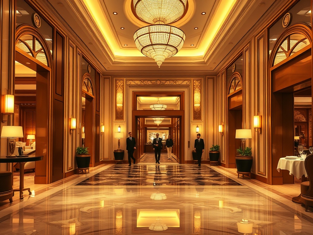 "Luxurious casino hotel lobby with elegant suite doorways, warm candlelight, serene spa steam glow, gourmet healthy plated cuisine, subtle golden ambience, guests arriving."  

You MUST not include ANY brand images or logos. You may ONLY reply with the fo