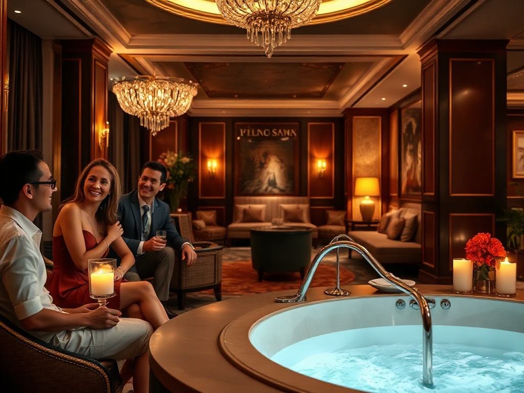 A glamorous casino-hotel scene showing elegant guests smiling, a luxurious suite lounge, warm candlelit gourmet dining, and a tranquil spa corner, cinematic lighting, high-end mood." "You MUST not include ANY brand images or logos. You may ONLY reply with