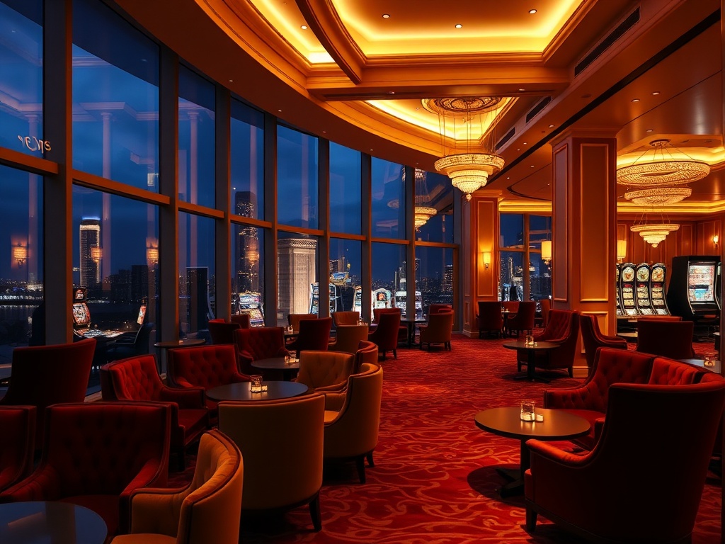 A luxurious casino hotel lounge at night, warm ambient lighting, elegant velvet seating, panoramic windows, distant gaming lights, serene wellness glow, cinematic realism.