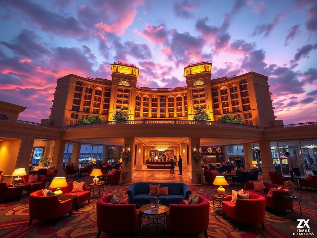 Luxurious casino hotel resort welcome scene at dusk, glowing lobby with velvet sofas, elegant warm lighting, panoramic lounge, serene wellness spa, distant dining tables, stylish travelers.