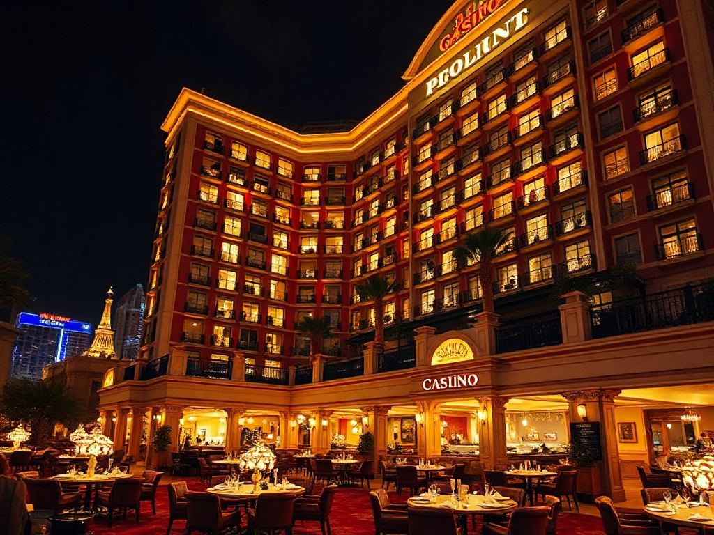 "Opulent casino hotel at night" "glowing suites windows" "silk-robed spa lounge" "gourmet dining tables" "sparkling entertainment lights" "welcoming concierge ambiance"