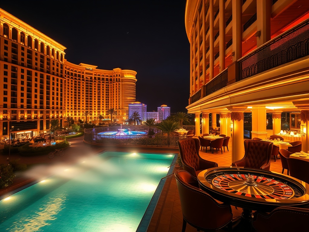 A glamorous casino hotel at night, “golden-lit” suite balcony, “heated pool” and spa steam, elegant lounge dining, distant roulette glow, warm friendly service atmosphere. "