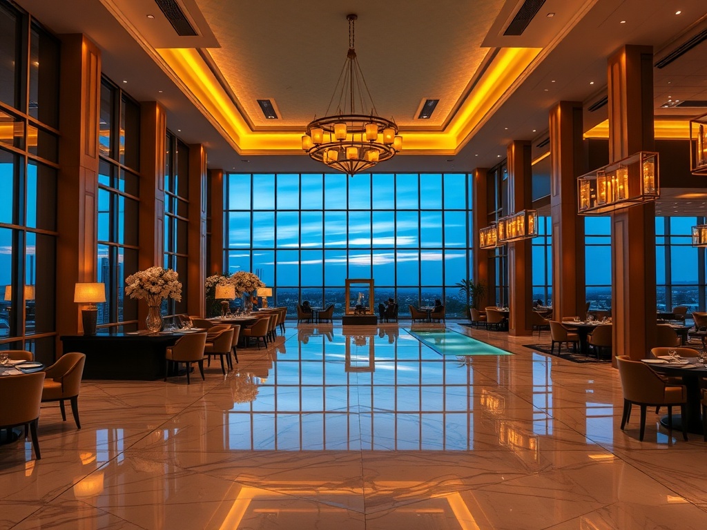 Modern casino hotel lobby at dusk, warm golden lighting, elegant lounge, marble floors, panoramic windows, chef-presented gourmet dining, serene spa pool glow, tasteful luxury atmosphere.