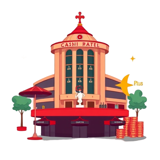 Carefully describe an image in great detail that needs to be generate, use quotes to split visual things. "Casino hotel" "5 plus" "Gastronomie" "100 percent" "Gastvrijheid" with outline