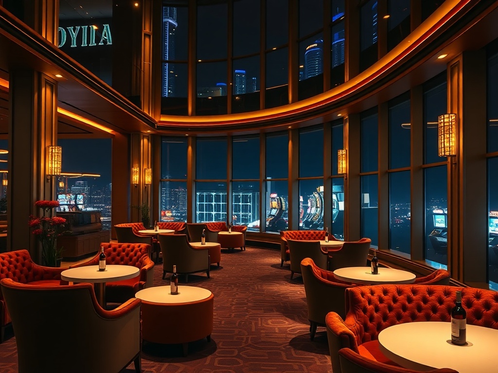 A luxurious casino hotel lounge at night, warm ambient lighting, elegant velvet seating, panoramic windows, distant gaming lights, serene wellness glow, cinematic realism.