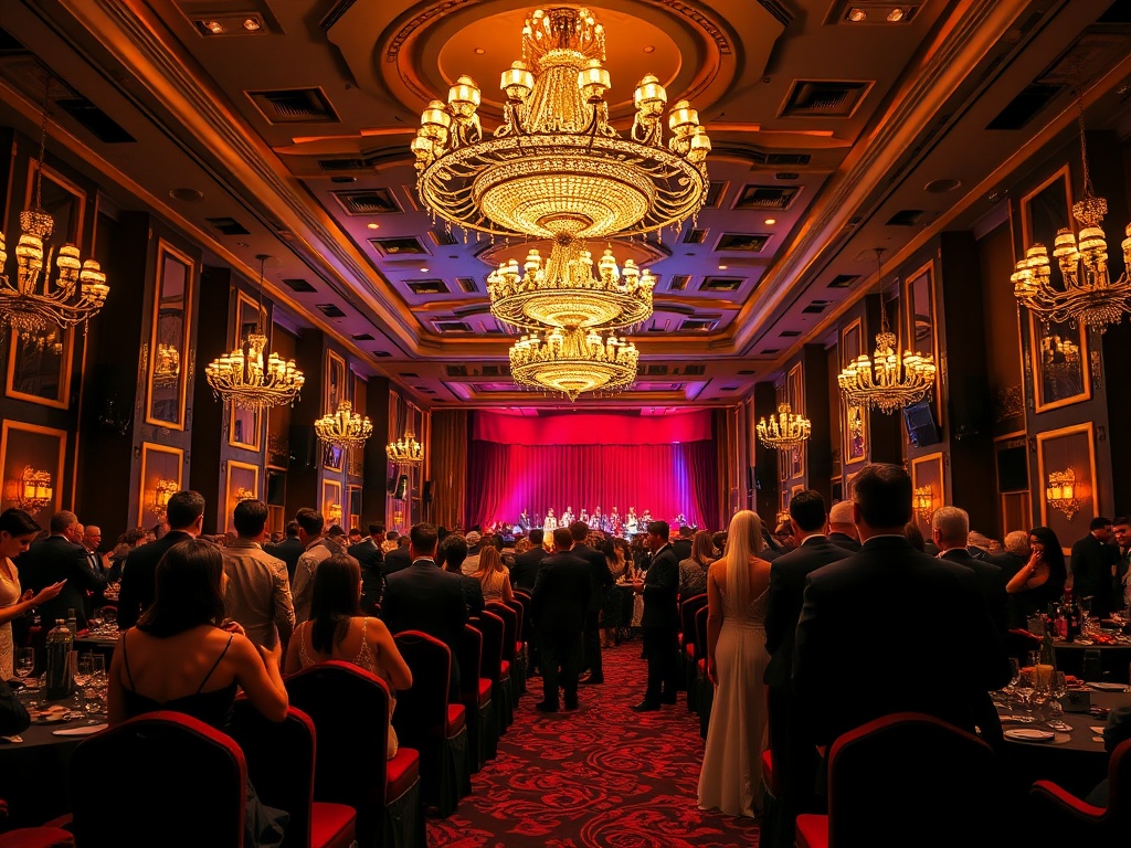 "A glamorous casino hotel event scene with elegantly dressed guests, warm golden lighting, sparkling chandeliers, velvet seating, and a distant stage glow"