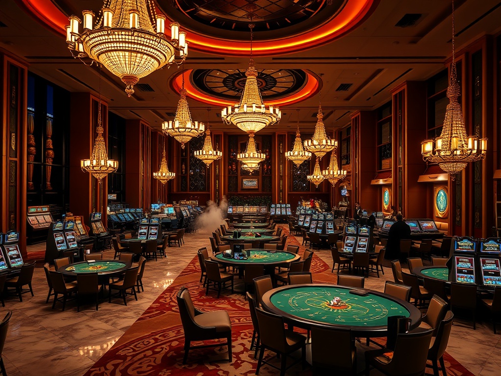 A luxurious casino hotel interior at night, glowing chandeliers, elegant gaming tables, plush seating, marble floors, distant spa steam, inviting warm ambiance.
