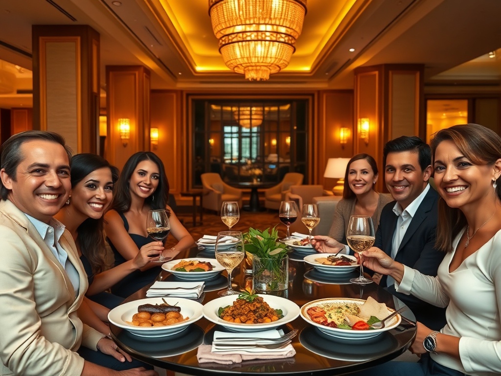 "A warm, elegant casino hotel lounge; smiling guests in stylish attire; soft golden lighting; gourmet plated dishes; cozy suite view; subtle wellness ambiance; inviting luxury." " "You MUST not include ANY brand images or logos. You may ONLY reply with th