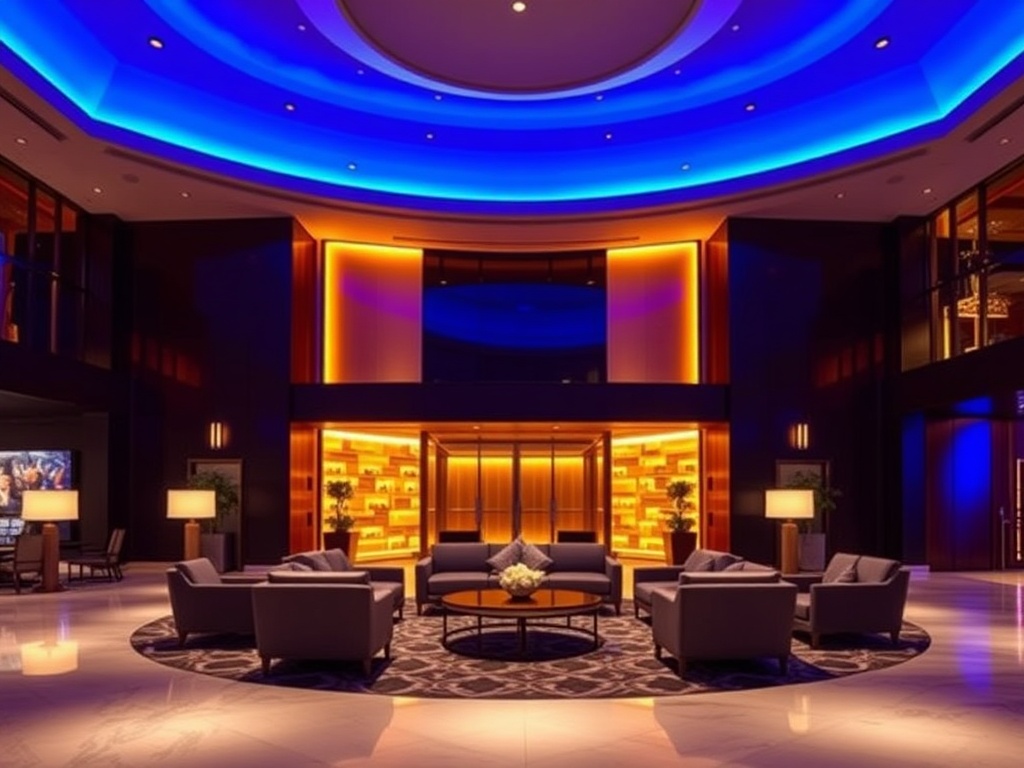 "modern casino hotel lobby glowing with warm ambient light" "elegant lounge seating" "concierge-style hospitality" "subtle wellness spa entrance" "vibrant entertainment glow"