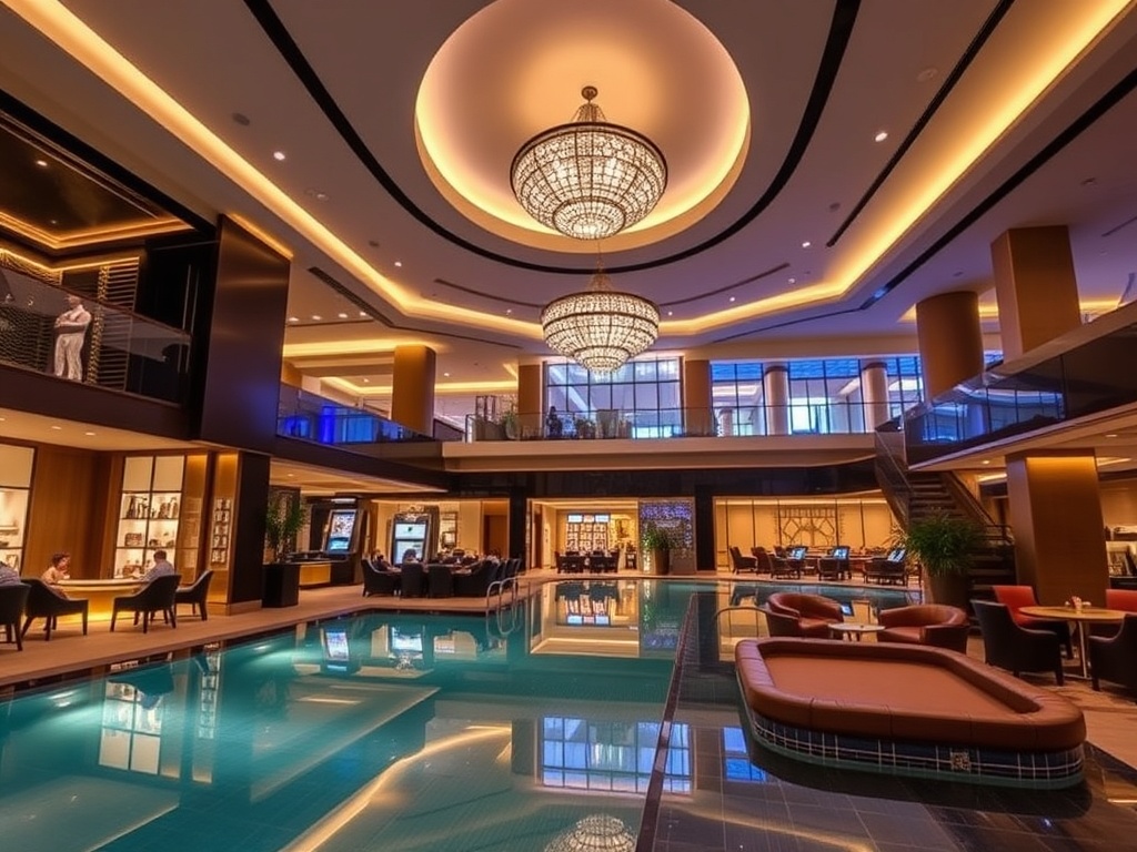 Modern casino hotel resort scene, elegant lobby, stylish suites glimpsed, warm gourmet dining lighting, serene wellness spa pool, vibrant entertainment lounge, inviting atmosphere, wide-angle.