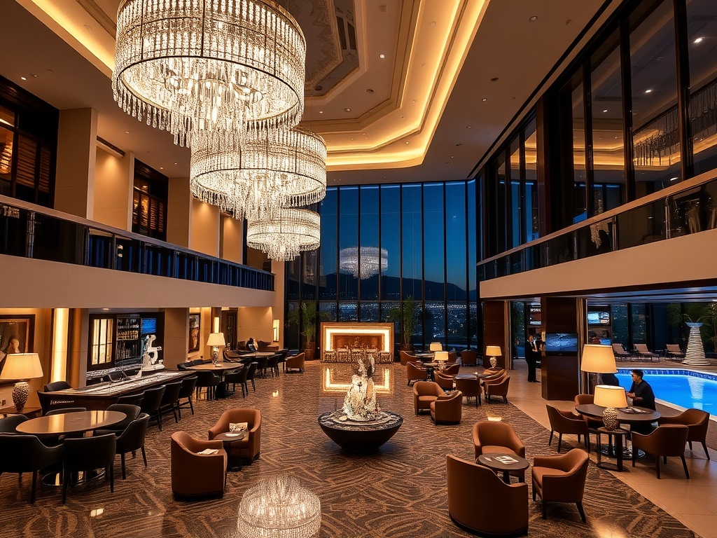 “Modern casino hotel lobby blending luxury guest rooms, sparkling bar lights, elegant lounge seating, a distant pool, and attentive staff, night ambiance.”