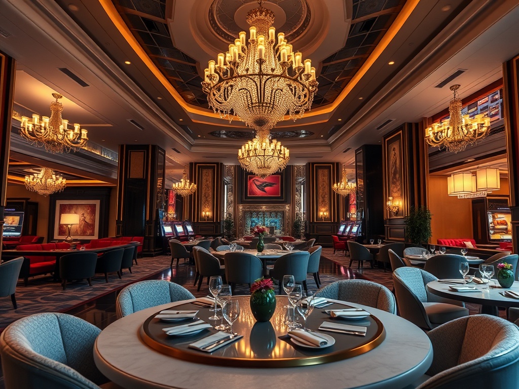 A glamorous casino hotel lobby with warm chandeliers, elegant suites in soft focus, velvet lounges, subtle neon glow, gourmet dining table, serene wellness hints, cinematic lighting. " "