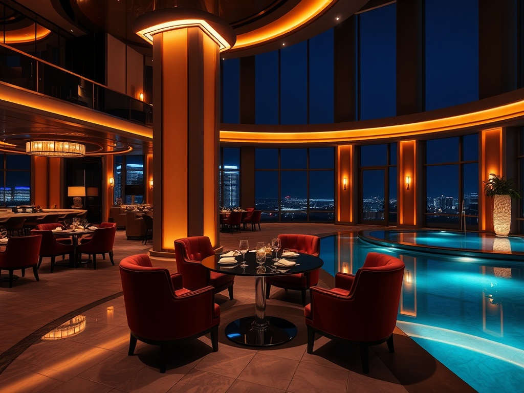 "Luxurious modern casino hotel lounge at night, warm ambient lighting, velvet seating, elegant dining table, serene spa pool glow, subtle entertainment energy, VIP atmosphere, ultra-realistic."