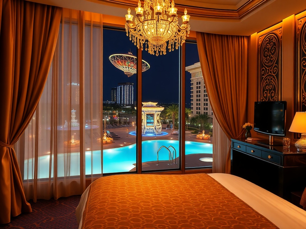 "luxury casino hotel hero scene" "elegant guest room window view" "golden ambient lighting" "silk curtains" "sparkling chandelier" "subtle gaming glow" "inviting resort pool"