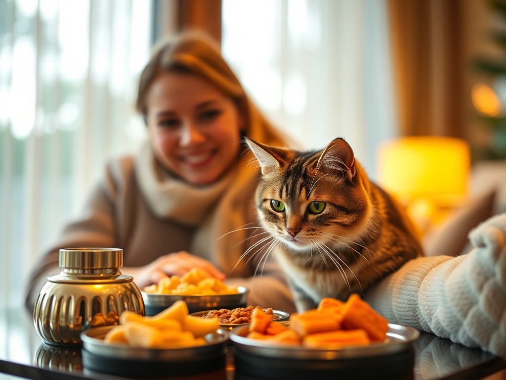 Cozy luxury interior, warm lighting, a happy cat curiously sniffing gourmet pet food beside a smiling owner, elegant resort vibe, shallow depth of field. "