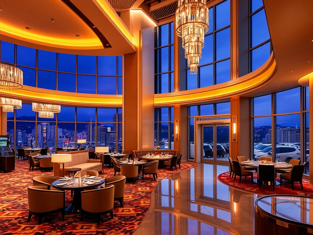 Modern upscale casino hotel lobby, warm ambient lighting, elegant materials, plush seating, panoramic city-night view, gourmet dining table, serene spa entrance, inviting resort atmosphere. "