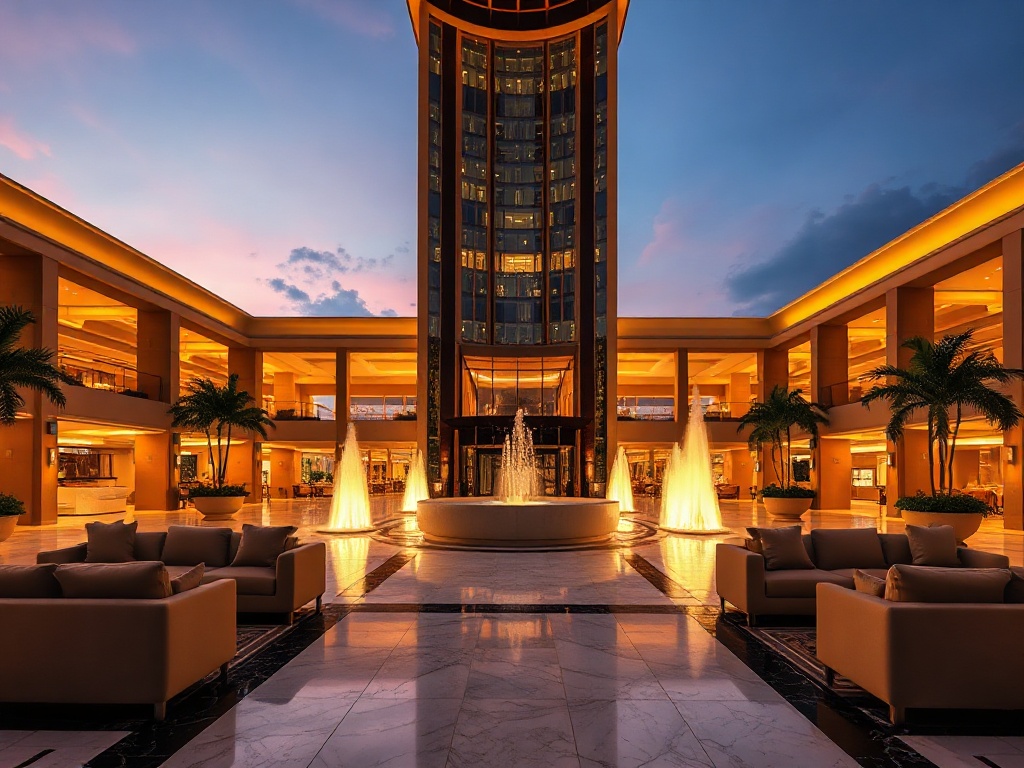 A luxurious casino hotel resort lobby at dusk, warm golden lighting, elegant sofas, marble floors, grand glass entrance, subtle fountains, inviting ambiance.